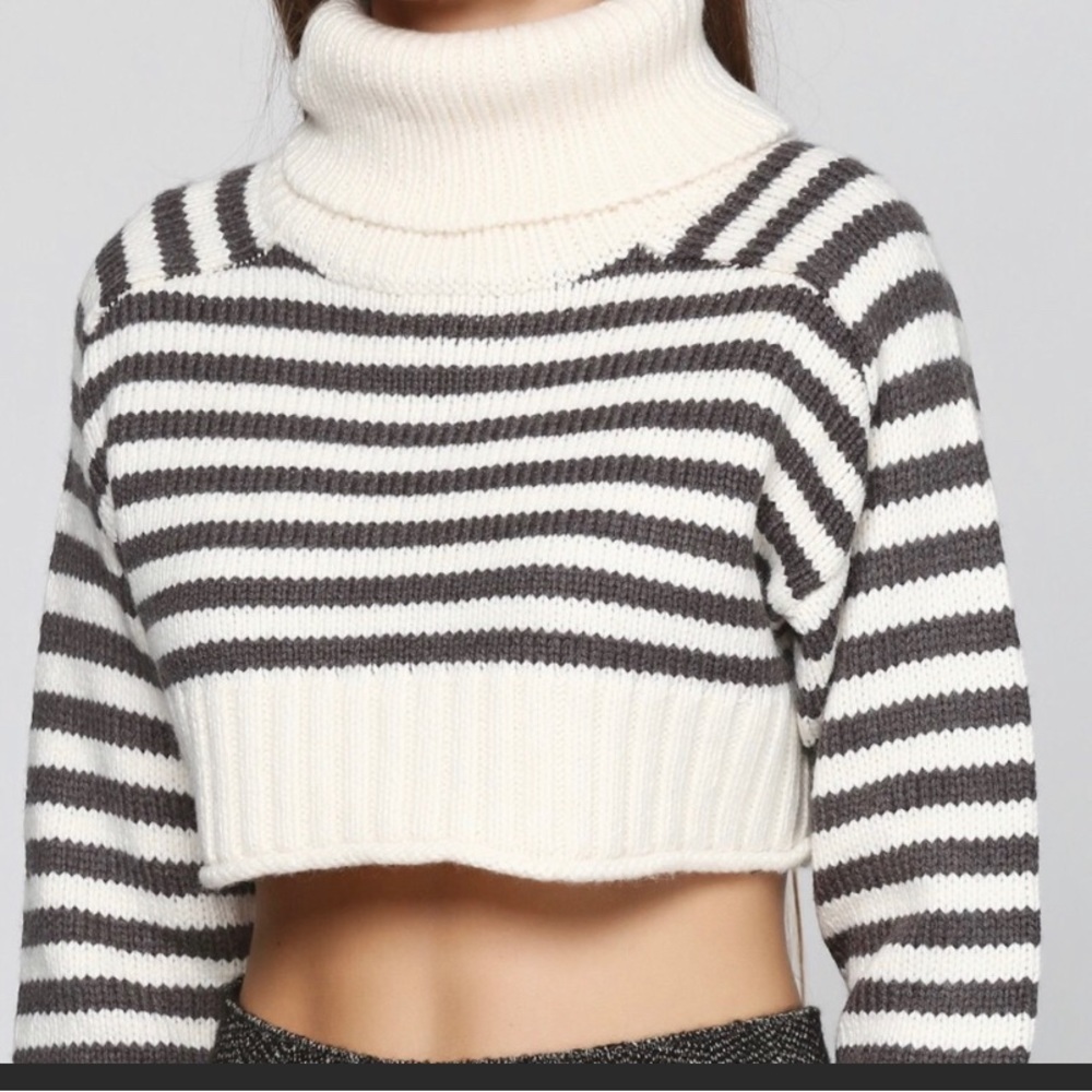 Zara Striped Cropped Chunky Knit Sweater (Gray and Cream White/ size Medium)